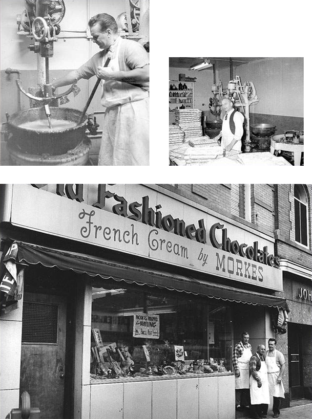 photos from different stages of the history of Morkes chocolates